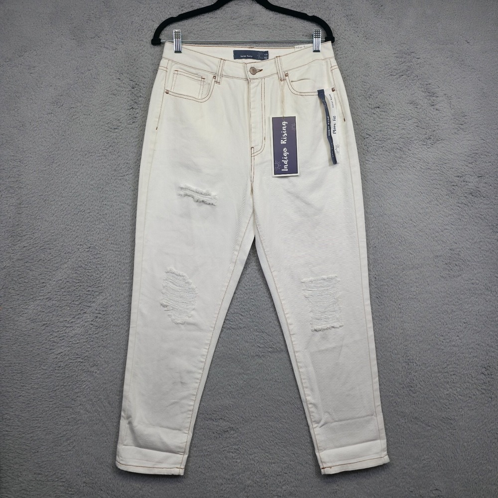 Indigo Rising Jeans Size 7 White High Rise Mom Fit Distressed Denim Contrast